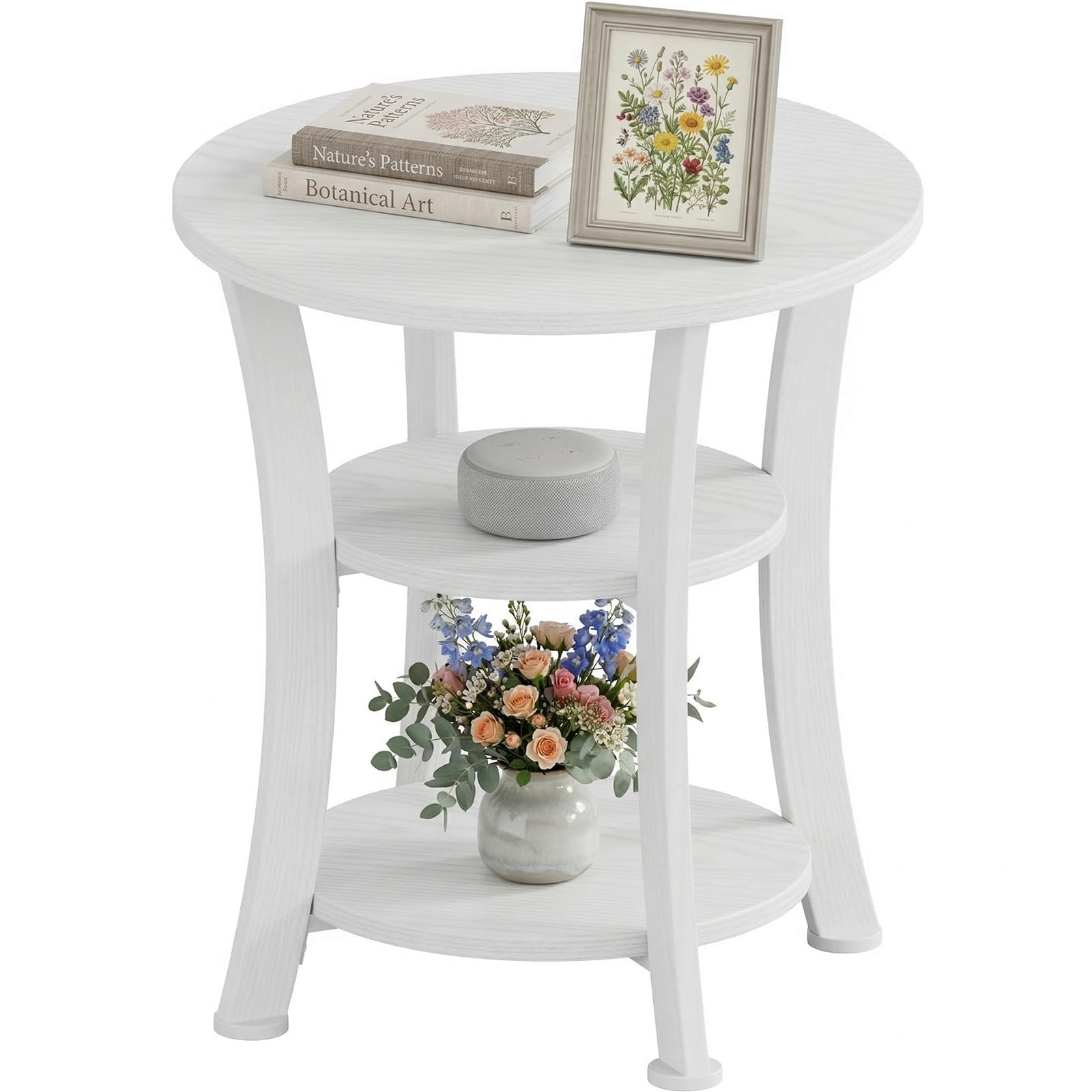 Yuede Round End Table, 3 Tier Side Table with Storage, Farmhouse Wood Side Table, Vintage Sofa Bedside Table Coffee Table for Bedroom Living Room, 50 x 55 cm, Sturdy 4-Leg Design (White)