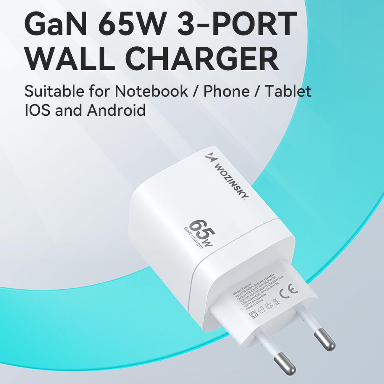 Wozinsky GaN szybka ładowarka 65 W – 1 x USB-A i 2X USB-C – kompaktowy adapter sieciowy – biała