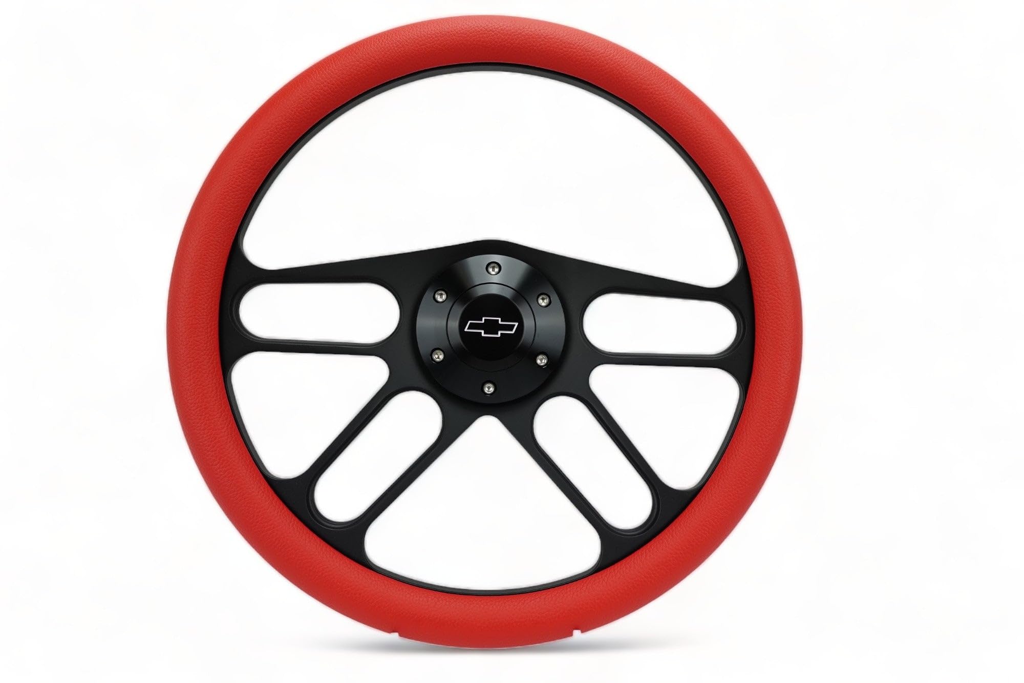 14" Billet Black Aluminum Muscle - Half Wrap 6 Hole Steering Wheel With Chevy Horn Button 4 Spoke