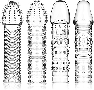 Cock Ring Set Penis Extension Sleeve with 4 Different Designs Cock Enlargement Cover with Vivid Glans Delay Ejaculation Sex Toys for Men Play