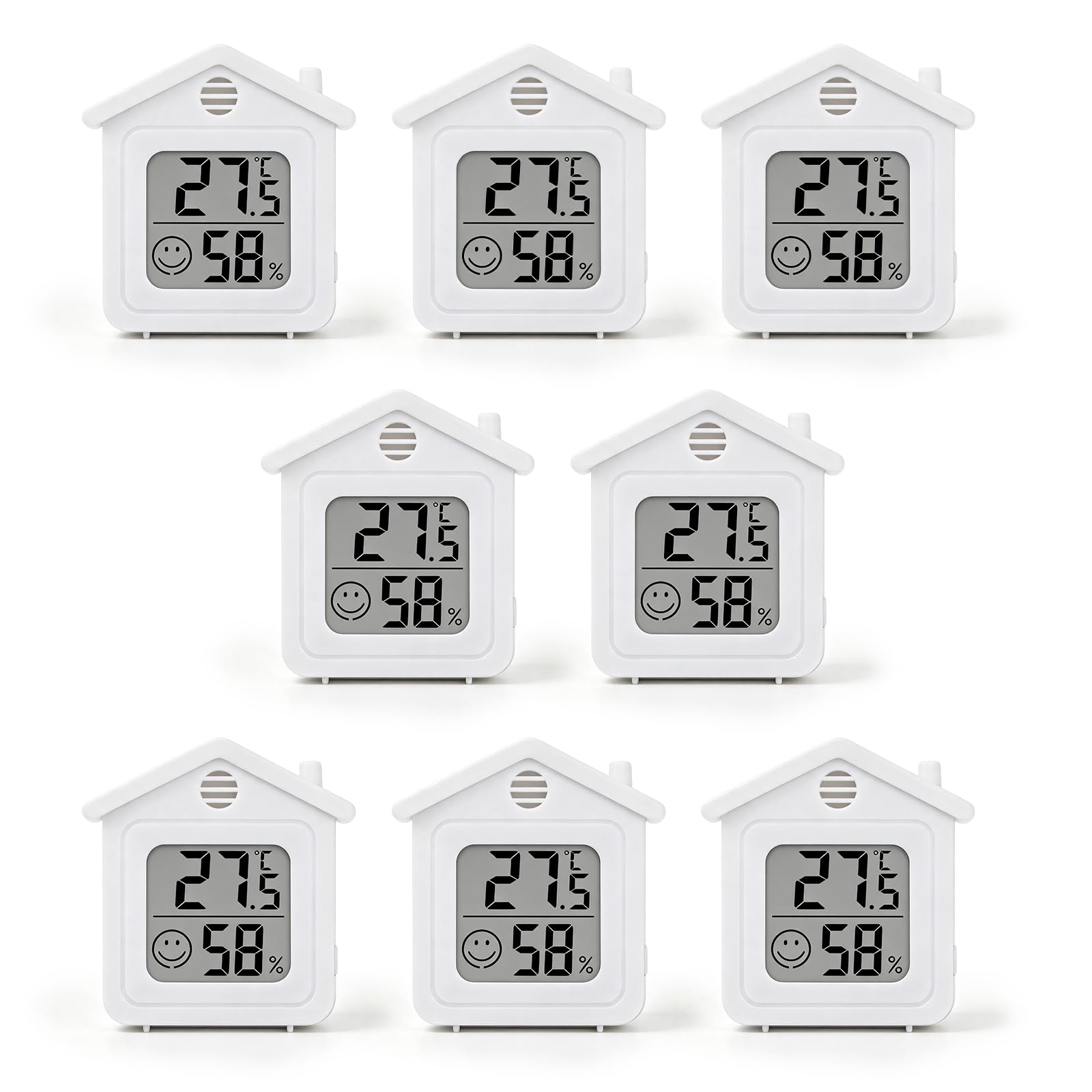 Mini termómetro higrómetro, 8 unidades, medidor digital de temperatura y humedad, pantalla LCD con pantalla sonriente, interruptor °C/°F conmutable, termómetro interior para habitación de bebé