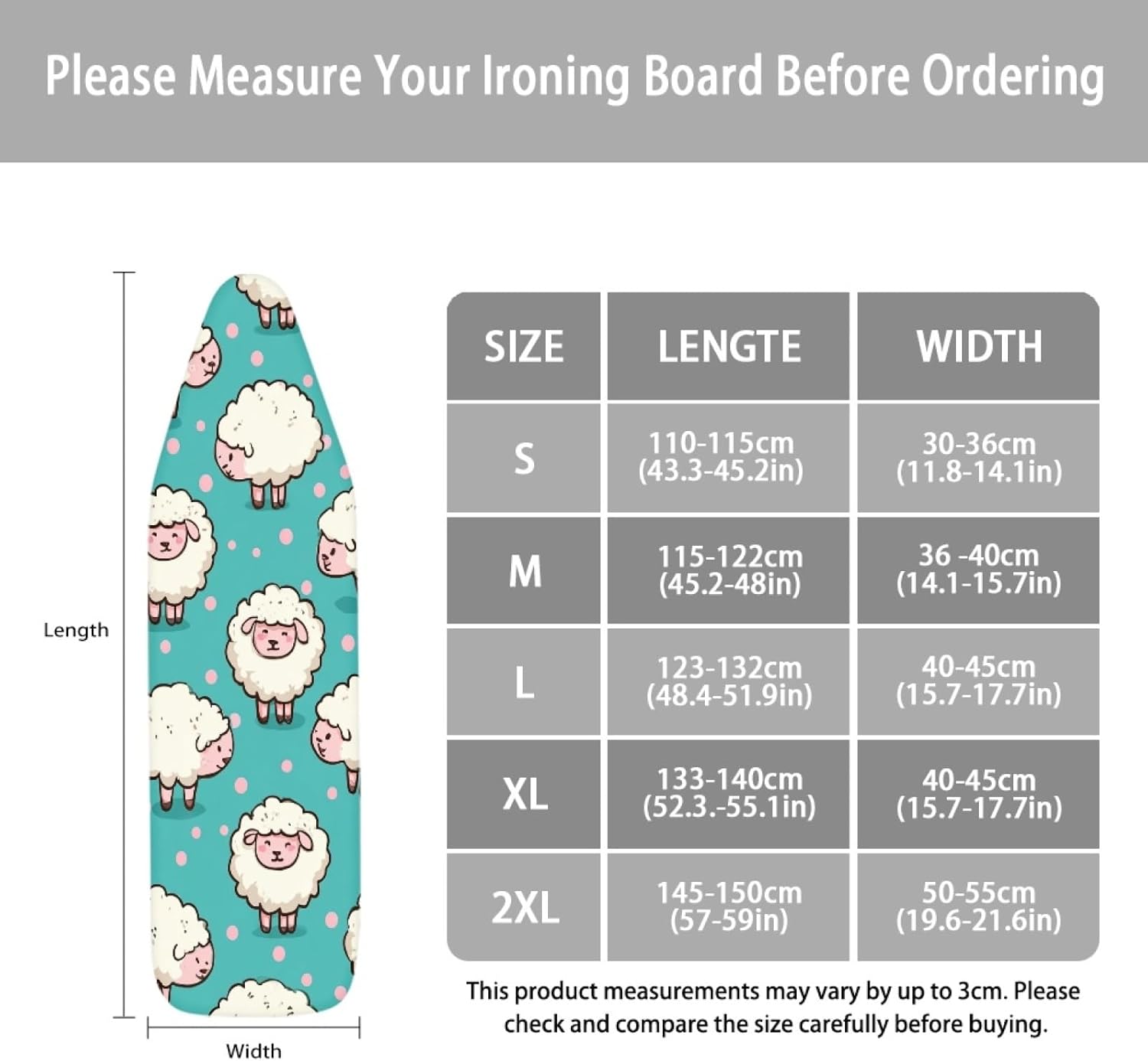 Padded Ironing Board Covers 18 X 49 Sheep White Pink Ironing Board Pad and Cover Thick Replacement Drawstring Tightening & Lock, Easy Fit, Scorch & Stain Resistant, Non Slip