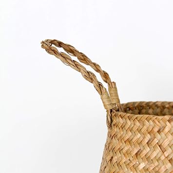 FEILANDUO Seagrass Belly Basket Woven Plant Pot with Handle, Natural Foldable Laundry Toy Storage Baskets for Shelves (Natural, Widest Part 22 x 20cm)