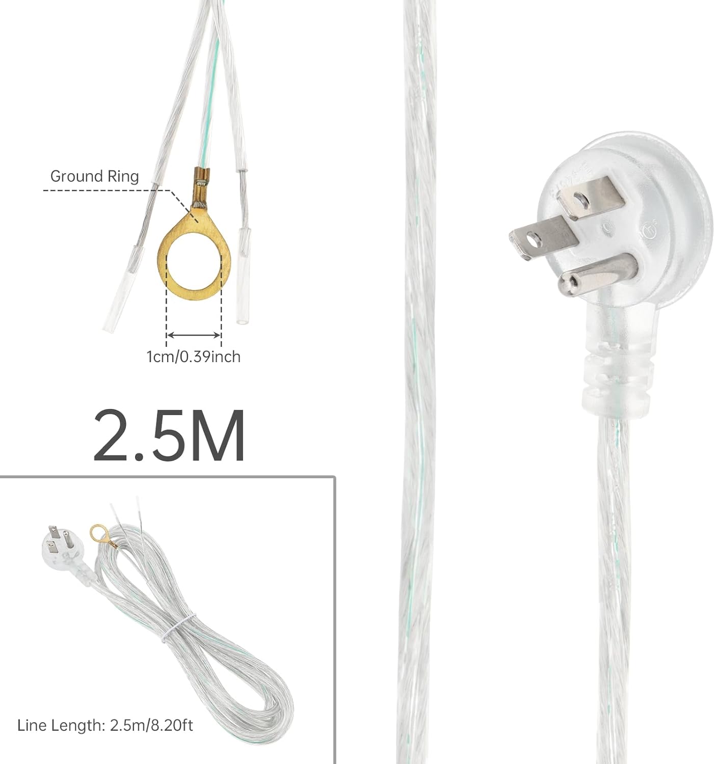 RTNLIT 3-Prong Power Cord, 8ft Clear Indoor Replacement Cable with Right Angle Flat Plug, 18AWG Stripped Ends for Lamp & Device Wiring(8ft, Clear)