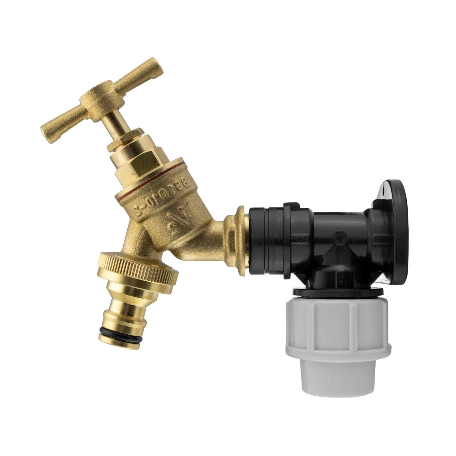 MDPE Compression Wall Flange Plate + Hozelock Compatible Quick Connect Tap 20mm (Brass Bib Tap - QuickConnector)