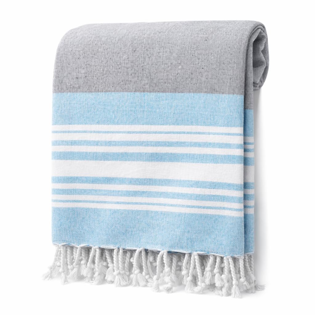 Adore Home Large Hammam Beach Towel Striped Turkish Style Fouta Peshtemal Cotton, Mia Stripe Turquoise & Grey