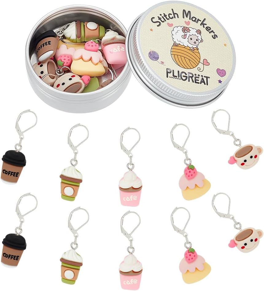 PLIGREAT 10 Pcs Cute Coffee Cup Stitch Marker Ornament Set Crafts Making Ornament DIY Gift Handmade Craft Accessories Knitting Stitch Counter for Mom Woman Tailor Shop Supplies