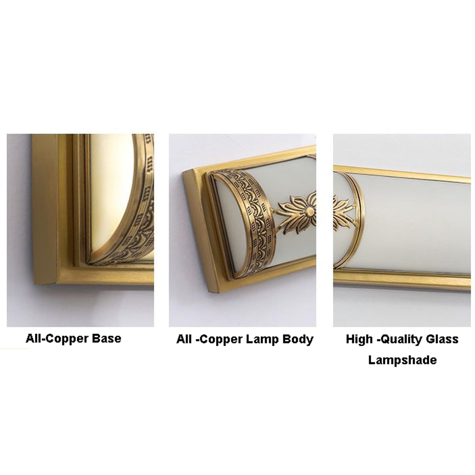 Luce Specchio Lampada da toletta a LED retrò Cinese Lampada da Bagno dimmerabile in Rame Pieno con Paralume in Vetro Lampada da Parete semicircolare per casa colonica di metà secolo Trucco