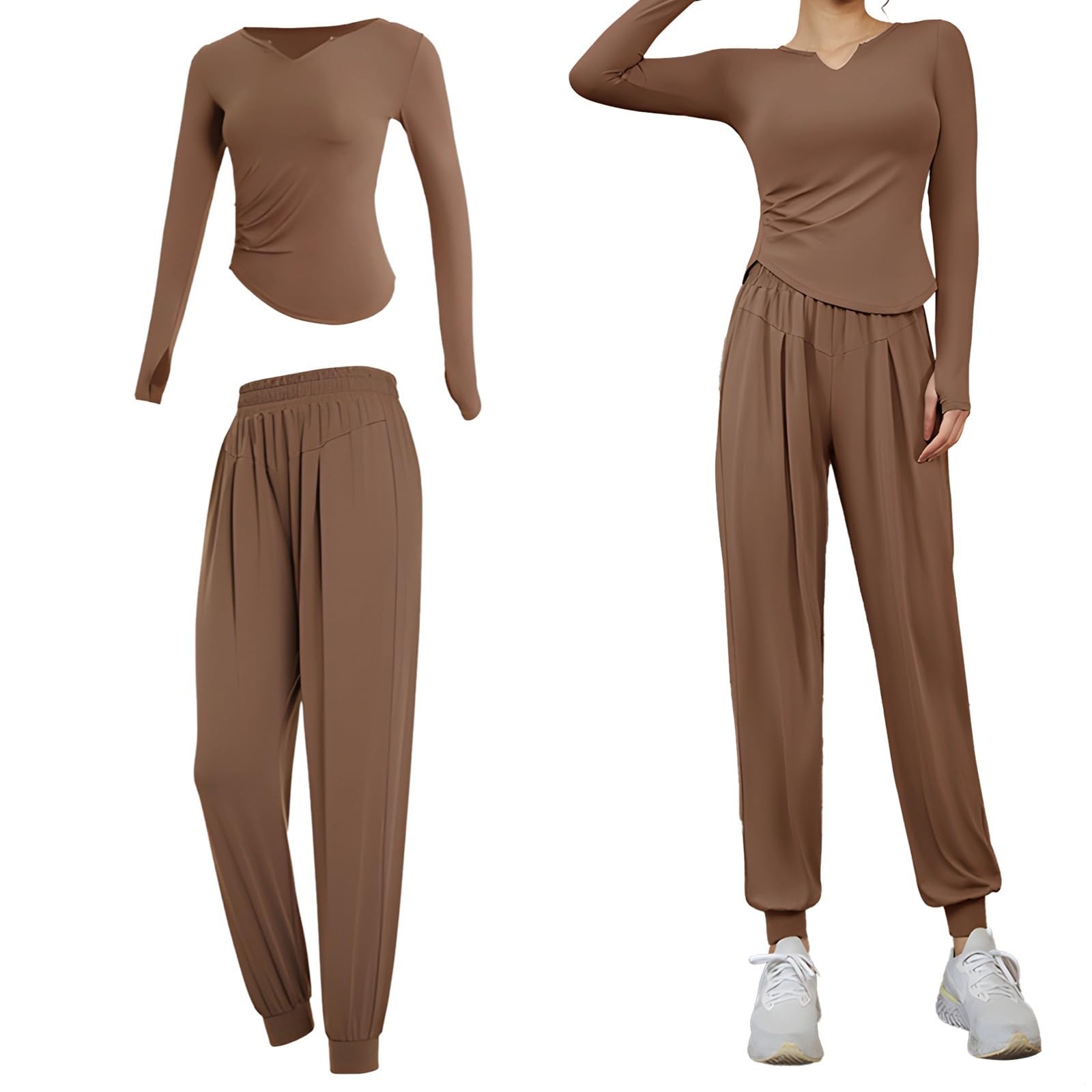 Tc54014 Ensemble de tenue de Pilates noir pour femme, vêtements de sport 2 pièces XXL, mélange de polyester et élasthanne, ensemble de jogging doux, marron, taille unique