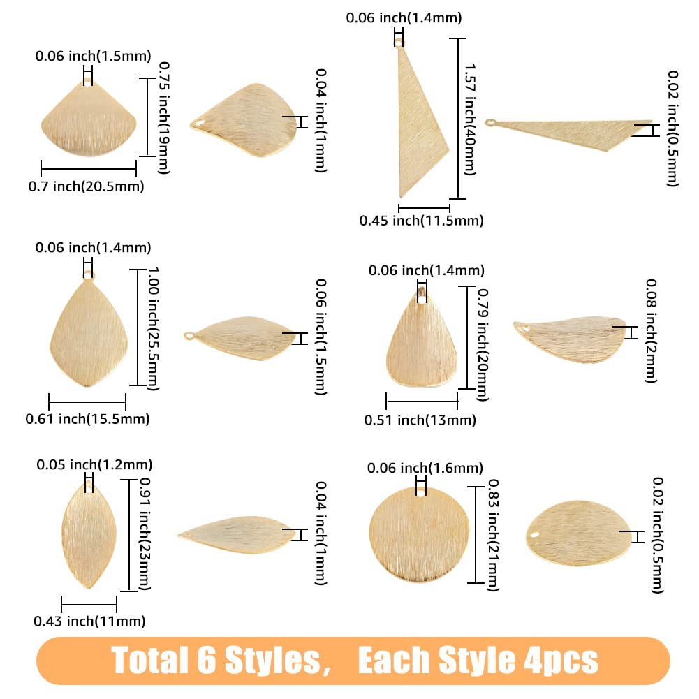 SUPERFINDINGS 24Pcs 6 Styles Brass Stamping Blank Tag Charms Real 24K Gold Plated Fan Leaf Metal Stamps Tags Triangle Teardrop Blanks Pendants for Jewelry DIY Craft Making,Hole:1.2~1.6mm - Image 2
