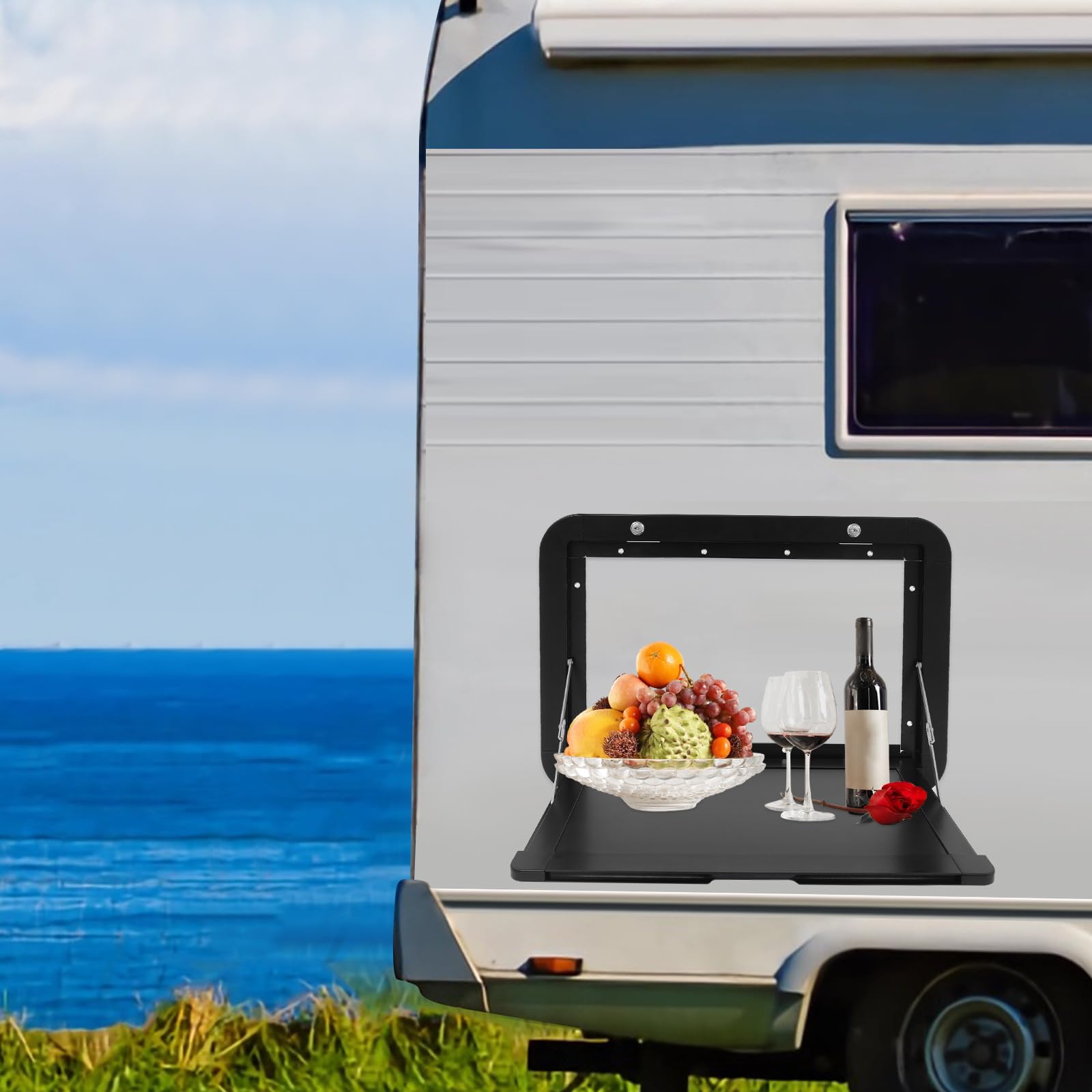 Tavolo da picnic pieghevole con chiusura lampo, 51 x 33 cm, in lega di alluminio, pieghevole, per furgoni, camion, camper (nero)