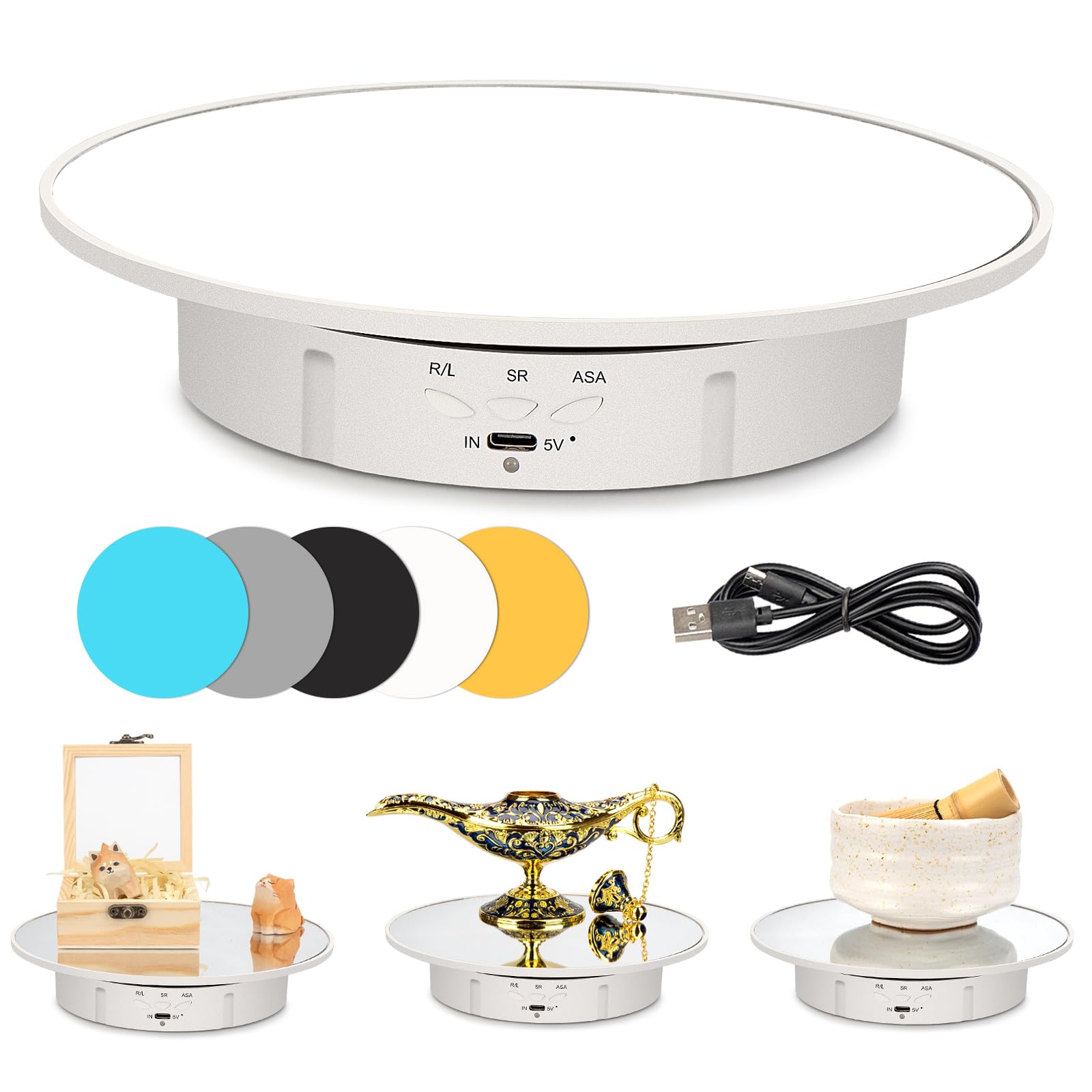 Leadleds Tocadiscos giratorio eléctrico con 5 fondos, soporte de exhibición giratorio motorizado de 360 grados para productos de fotografía, exhibición de joyas, relojes, ferias de manualidades, carga