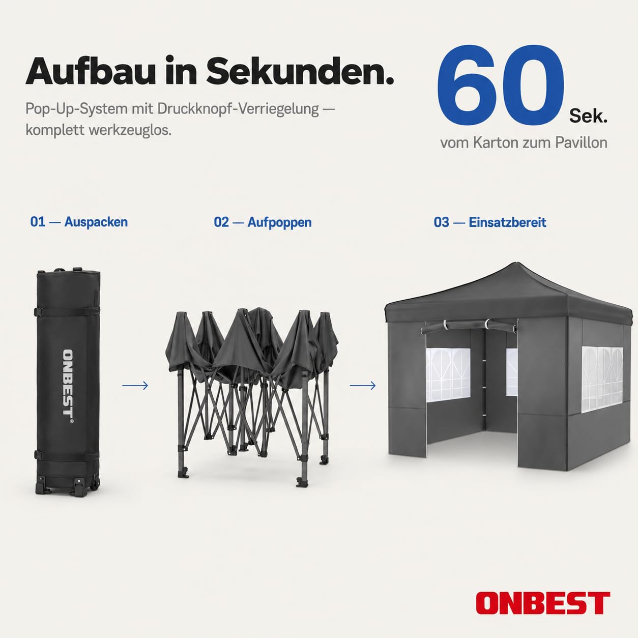 ONBEST Pavillon 3x3 m – Faltpavillon Pop-up mit Seitenwänden, Grau