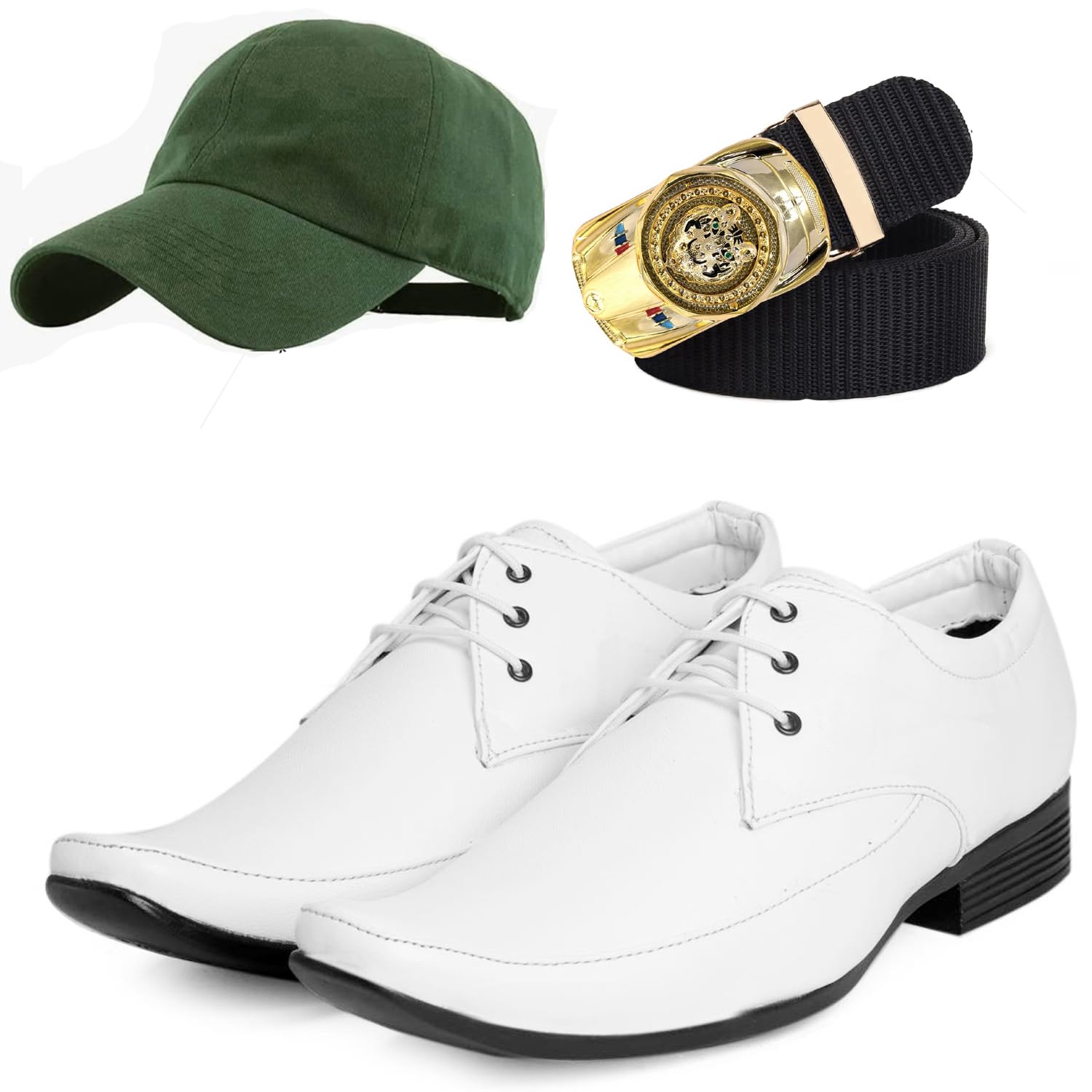 Formal Shoes with Free Base Ball Cap & Free Belt Combo for Men & Boys White-image-45