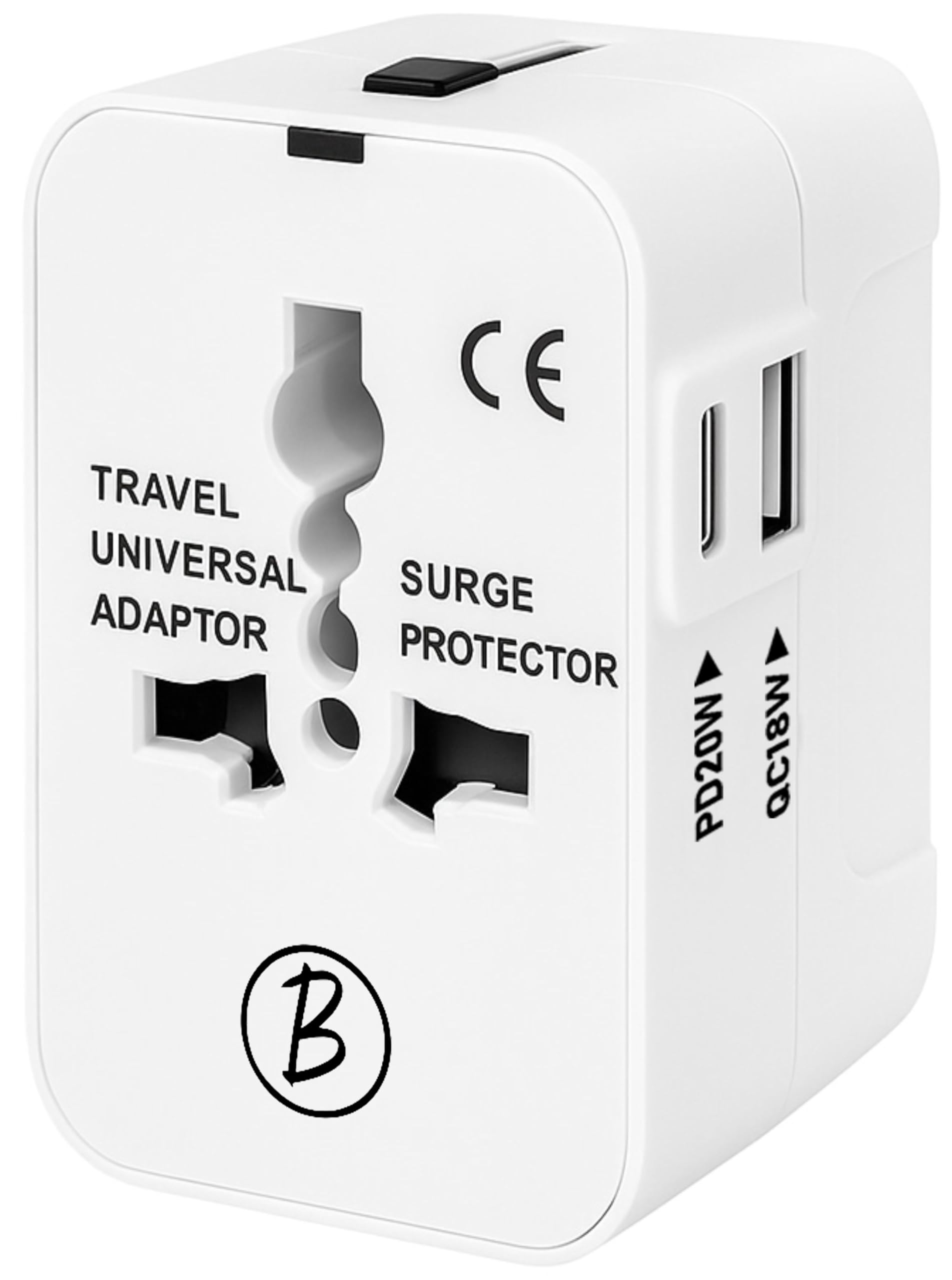 Btag Universal Travel Adapter All in One Worldwide, Travel Adapter and Wall Charger with USB Ports with Multi Type Power Outlet (QC18W-PD20W,100-240) Voltage (White)