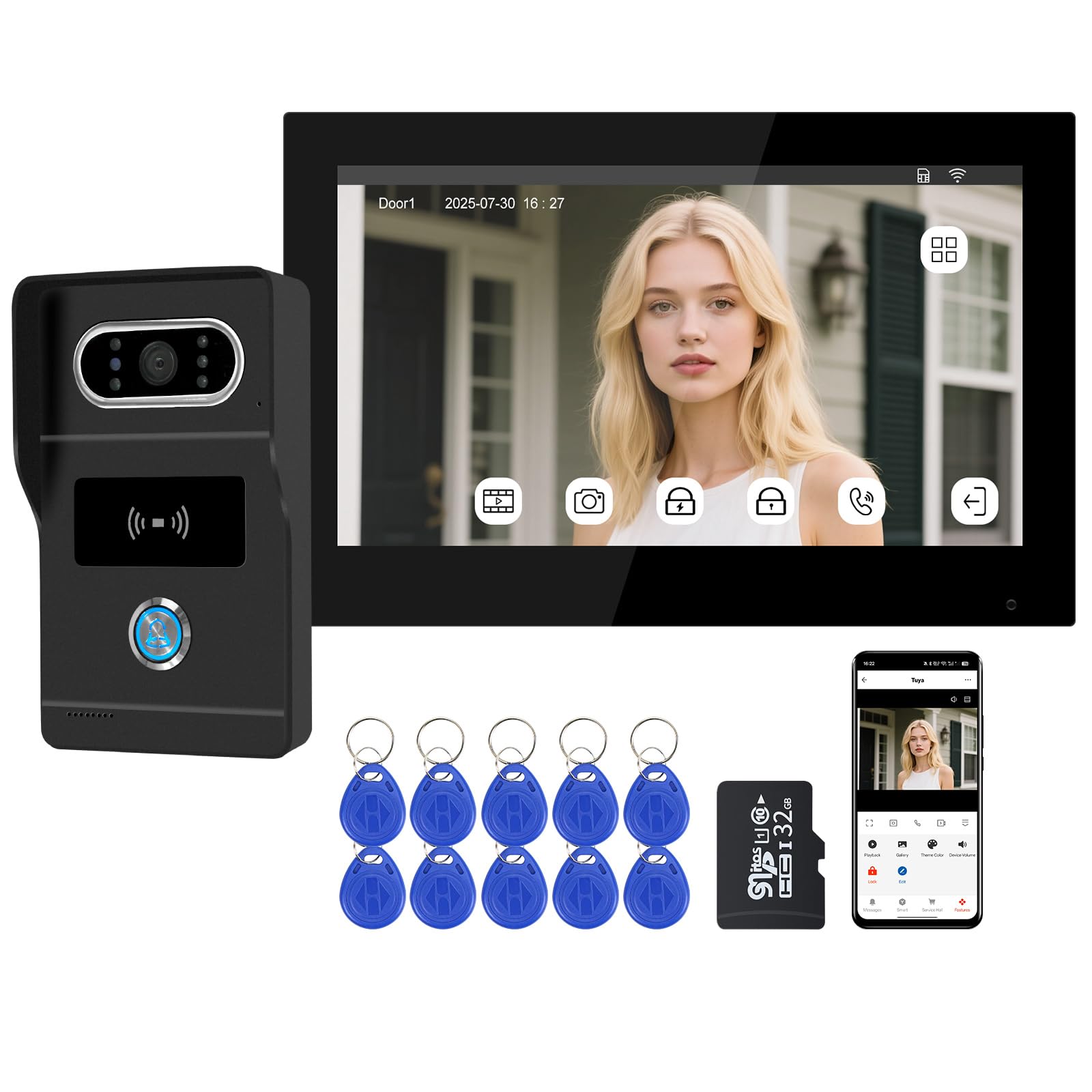 2 Fils Visiophone Connecté Filaire, Kit Interphone Vidéo WiFi Tuya avec Écran Tactile Couleur de 7", Sonnette avec Caméra 1080P Vision Nocturne IP65, Déverrouillage APP/Carte RFID