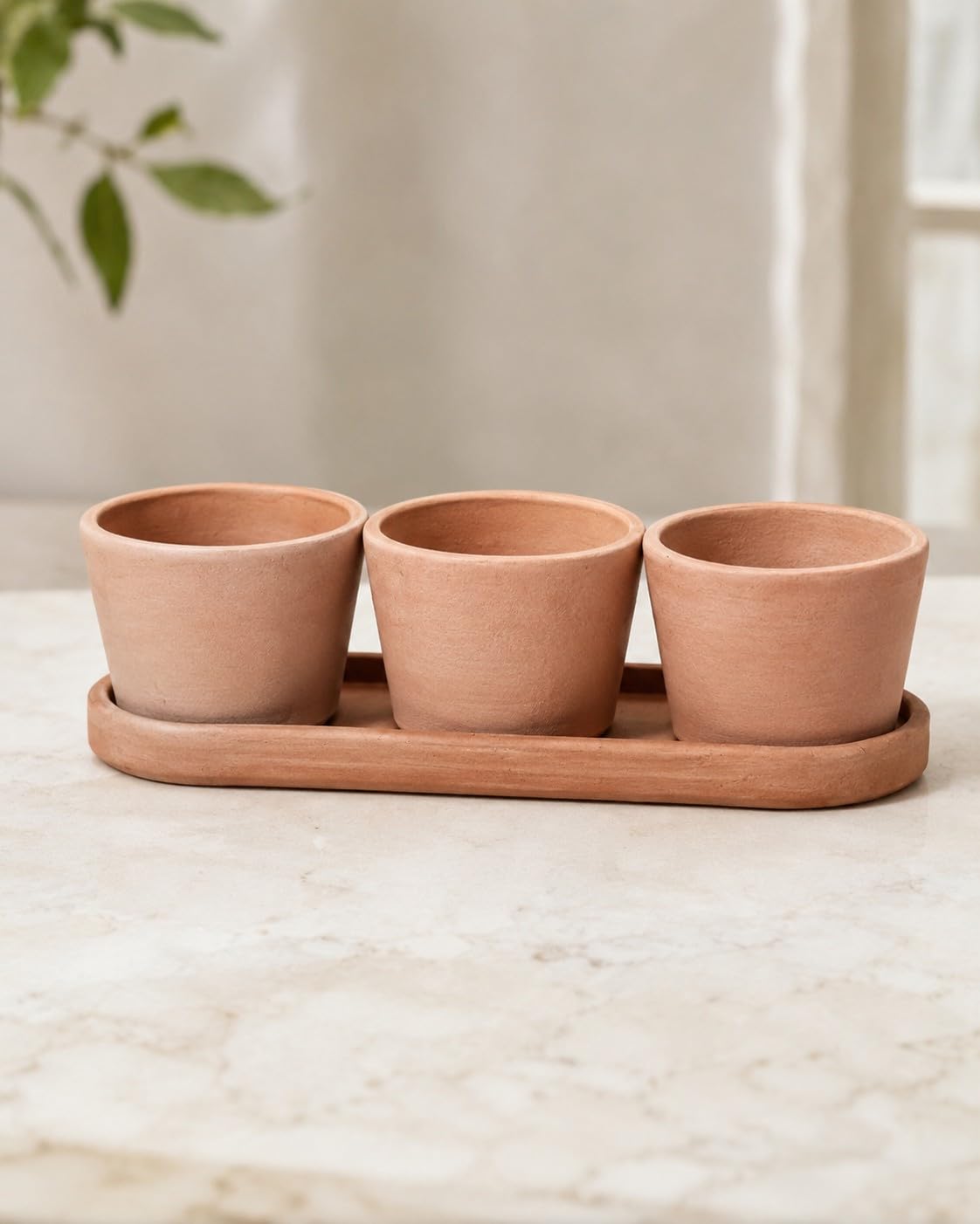 Palatina Werkstatt Kräutertopf Trio Terracotta mit Tablett 48x16x13 cm – 3 Kräutertöpfe Ø15 cm für Küche, Balkon & Garten, Pflanztopf Set für frische Kräuter innen und außen