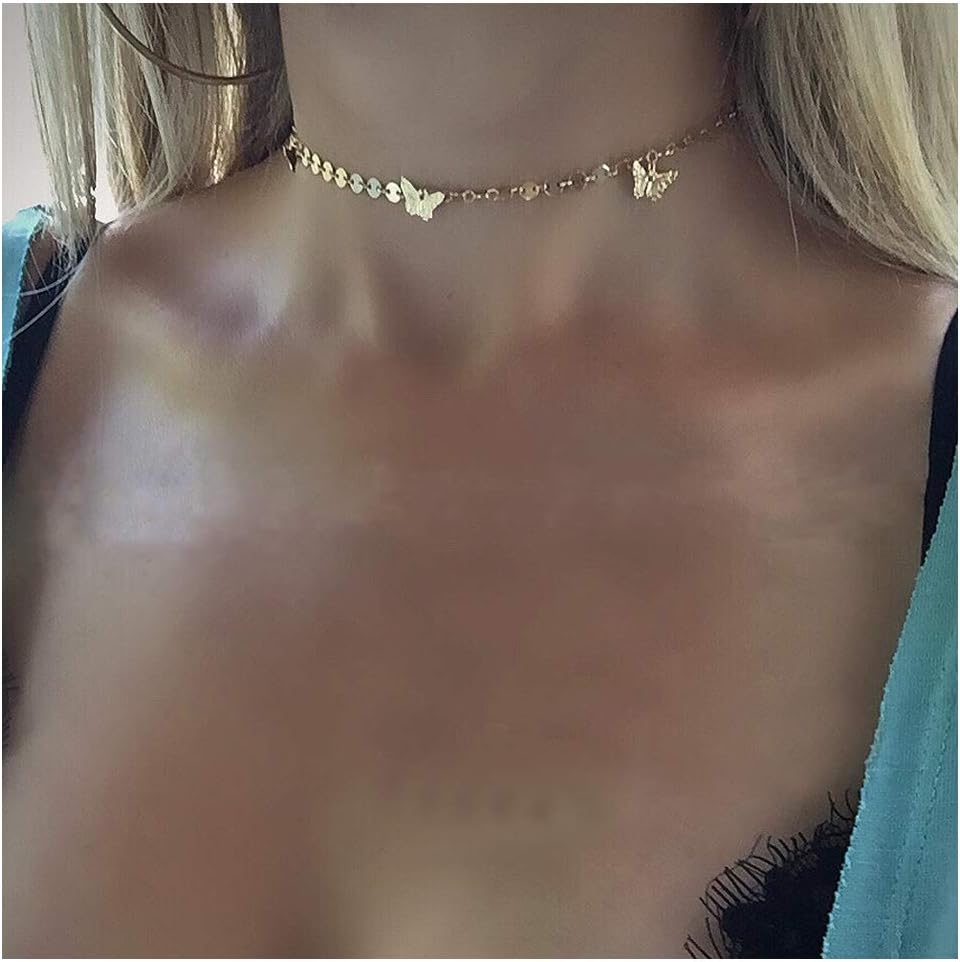 Riymusry Vintage Womens Butterfly Choker Necklace Collar Pendant Shining Sequin Tassel Necklace Clavicle Chain Statement Body Chain Jewelry for Party