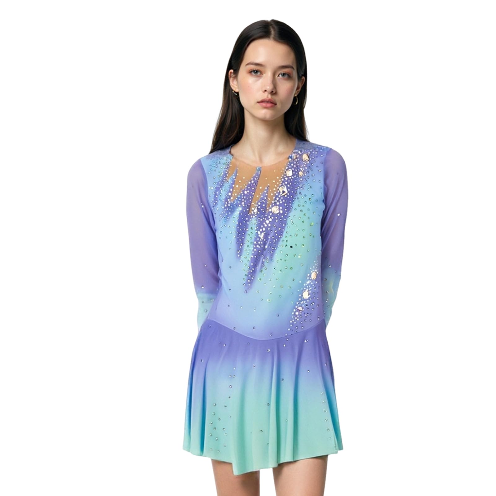 LIUHUO Eiskunstlaufkleid für Mädchen und Damen, elegant, Blauer Farbverlauf, Eistanzrock