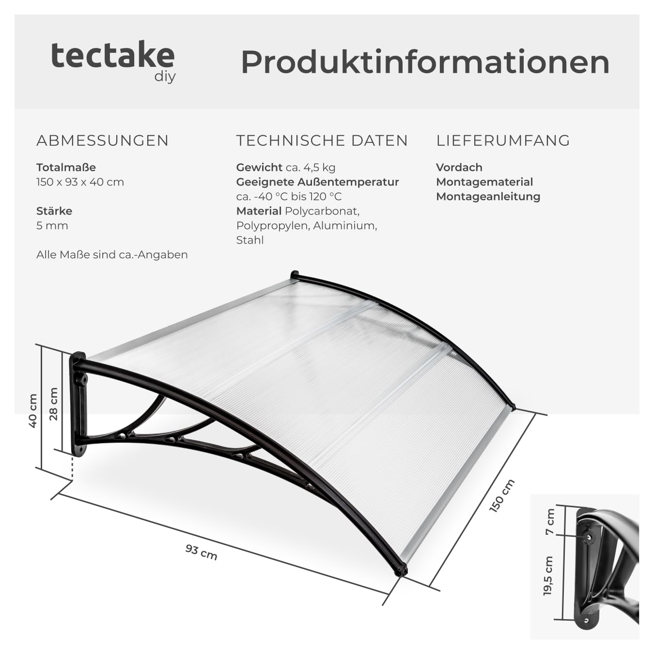 tectake® Vordach für Haustür, Überdachung Terrasse Tür, Haustür Vordach, Balkon Überdachung, Unterstand, Dach für Fenster, Schaufenster und Eingangstür, Montage an Fassadenverkleidung aussen - 150 cm