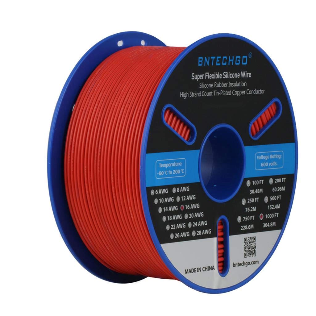 BNTECHGO16 Gauge Silicone Wire Spool 1000 ft Red Flexible 16 AWG Stranded Tinned Copper Wire