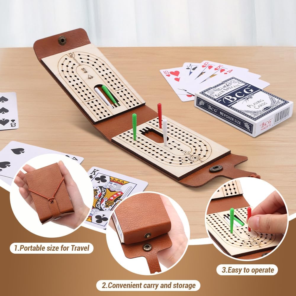 Foldable Travel Cribbage Board Game Set, Leather Cribbage Board Set - 6 Pegs, 1 Playing Card and Instruction, Portable Travel Cribbage Board with Storage Area for Cribbage Lovers (1pcs) image 3 of 7 B0DQTJWCVJ
