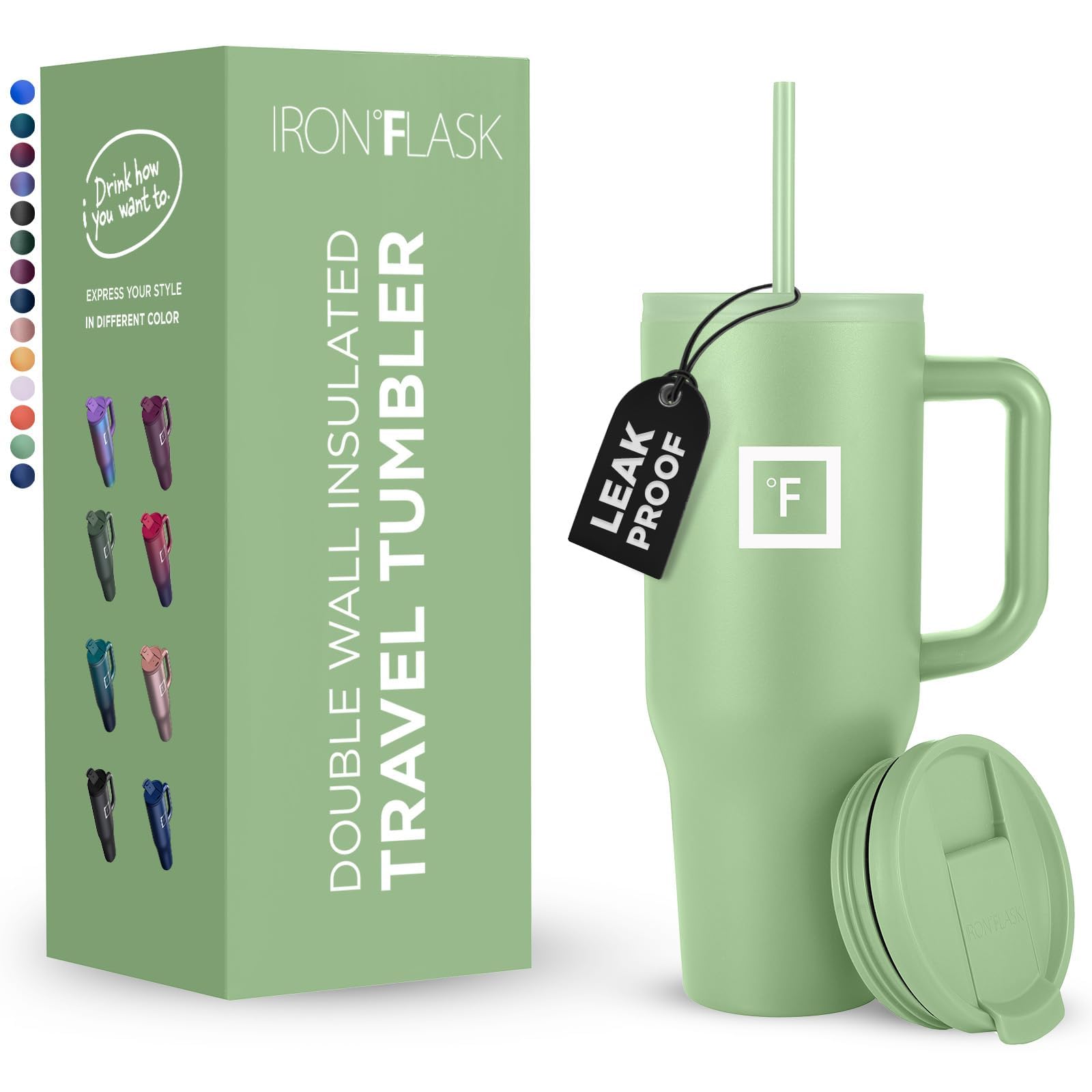 IRON °FLASK Co-Pilot Insulated Mug w/Straw & Flip Cap Lids - Cup Holder Bottle for Hot, Cold Drink - Leak-Proof - Water, Coffee Portable Travel Mug - Apple Green, 40 Oz