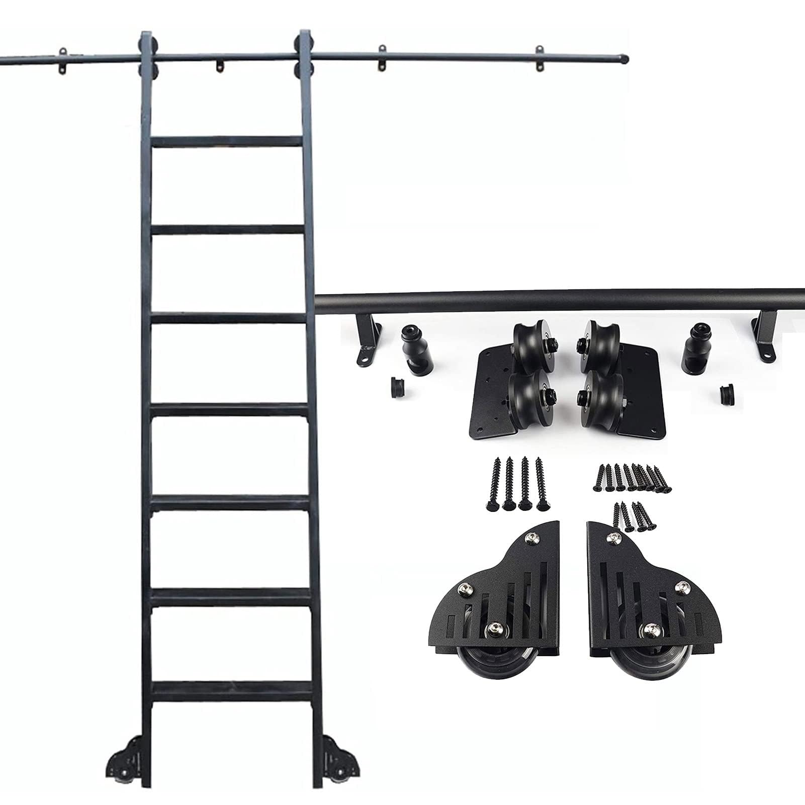 Kit de escalera corredera con riel de tubo redondo silencioso y guías de granero negro