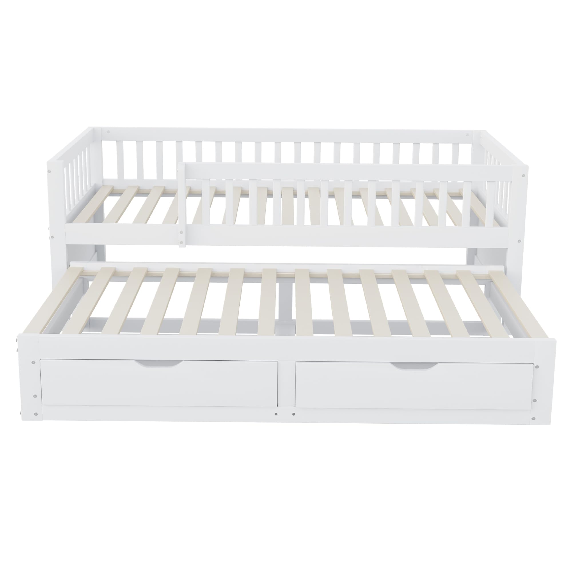 Dolamaní Kinderbett 90x200 cm mit Ausziehbares Bett, Bodenbett mit 2 Schubladen Darunter, Ausziehbett mit Lattenrost, Gästebett Jugendzimmer Kojenbett ohne Matratze (Weiß)