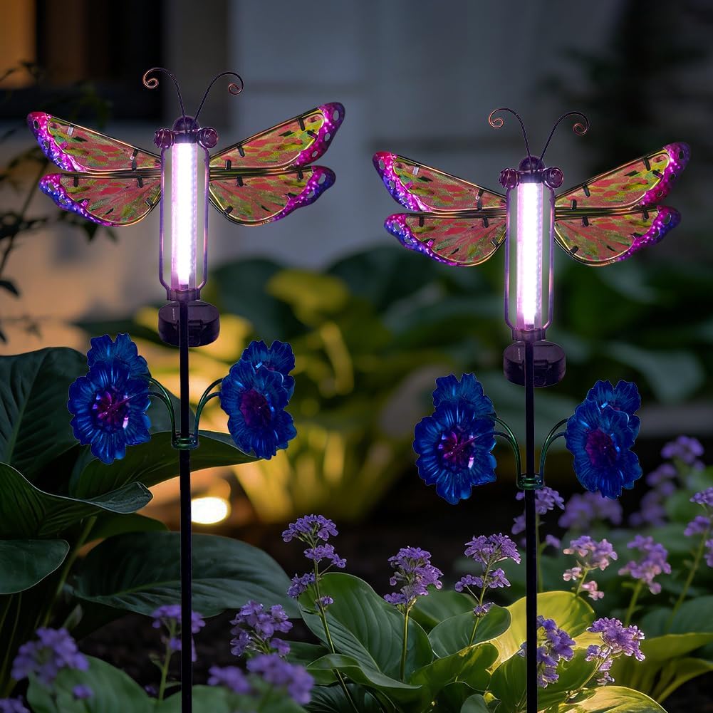 Solar Lights Outdoor Waterproof, 2 Pack Dragonfly Garden Lights, Decorative Landscape Lighting Solar Powered Small Pinwheels for Yard and Garden