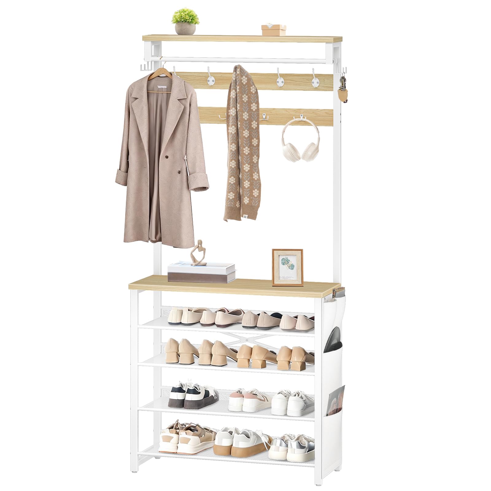 HOOBRO Garderobenständer mit Schuhablage, Schuhregal mit Garderobe, Kleiderständer mit 5 Ebenen Schuhablage, Garderobe mit Schuhschrank, Weiß und Natürliche Holzfarbe EWN75MT01
