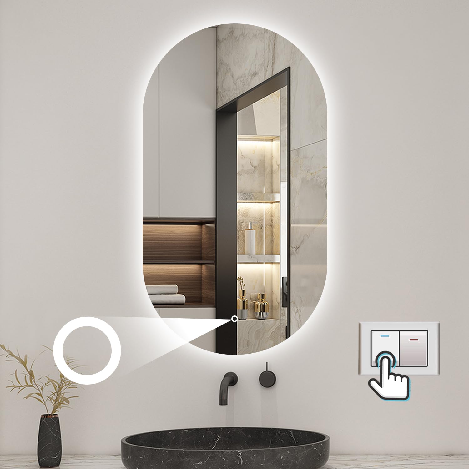 LED Badspiegel Oval 60x100cm Wand/Touchschalter Beschlagfrei Kaltweiß Dimmbar Badezimmerspiegel mit LED-Hinterleuchtung IP44