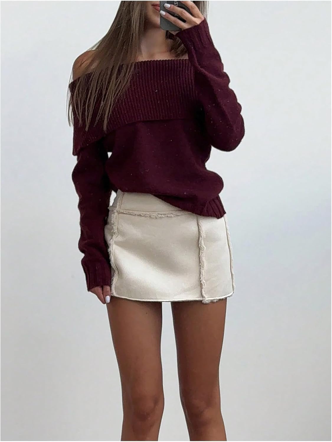 Verdusa Women's Fall Sweaters Off The Shoulder Long Sleeve Sweater Pullover Sweaters Early Fall Clothes Burgundy Medium - Image 3