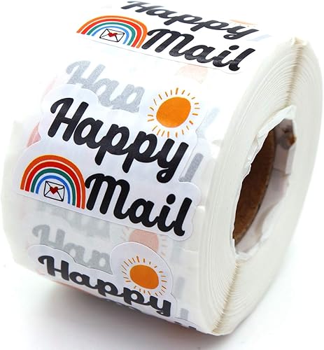 Muminglong Pegatinas Happy Mail de 1.5 pulgadas con sol y arco iris, calcomanías de tienda pequeña, calcomanías de agradecimiento, pequeñas