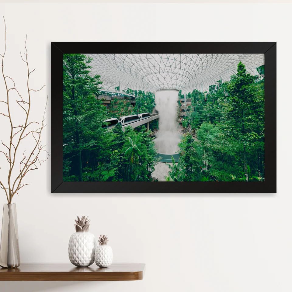 GADGETS WRAP Printed Photo Frame Matte Painting for Home Office Studio Living Room Decoration (14x11inch Black Framed) - Singapore Airport Biodome Rain Vortex Indoor Waterfall