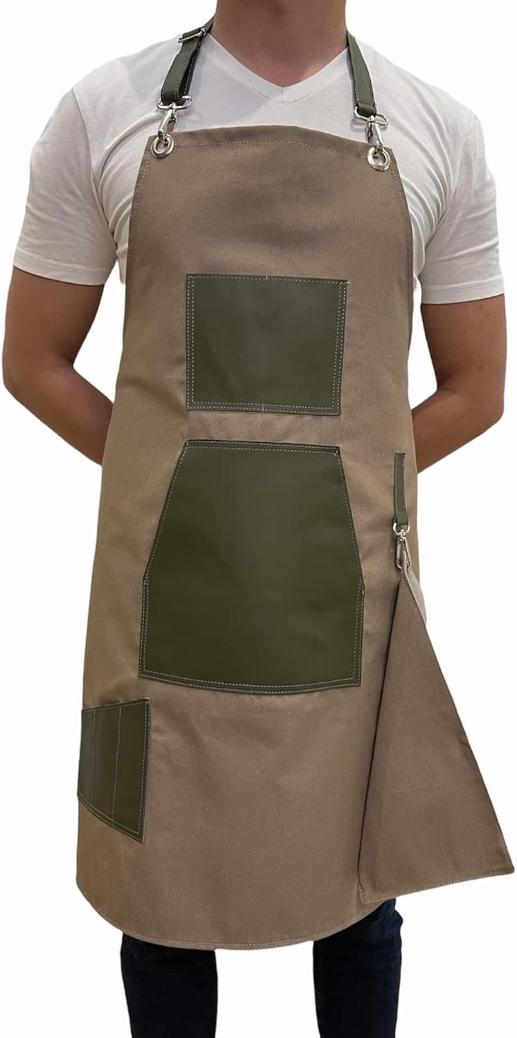 Premium Canvas/Leather Apron - Durable Canvas - Men's/Women's Apron - Multi-purpose Apron (Sidney Tan, Medium)