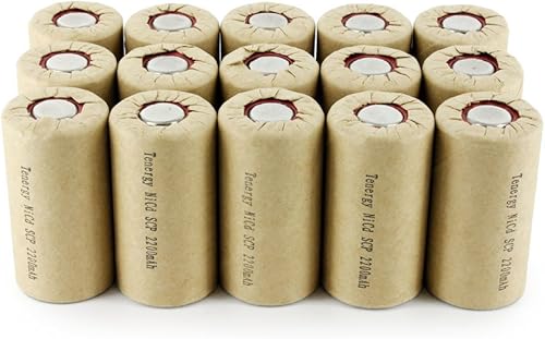 Tenergy NiCd SubC - Batería recargable envuelta en papel de 2200 mAh, parte superior plana, paquete de 15