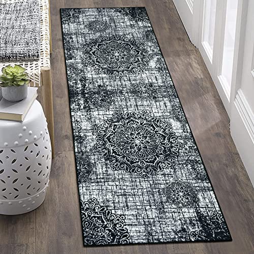 Beeiva Medallion Washable Kitchen Runner Rugs, 2X6 Black Vintage Distressed Bathroom Hallway Runner Rugs With Rubber Backing, Carpet Runner Rug For Hallways Bedroom Entryway Laundry Room #TOP7