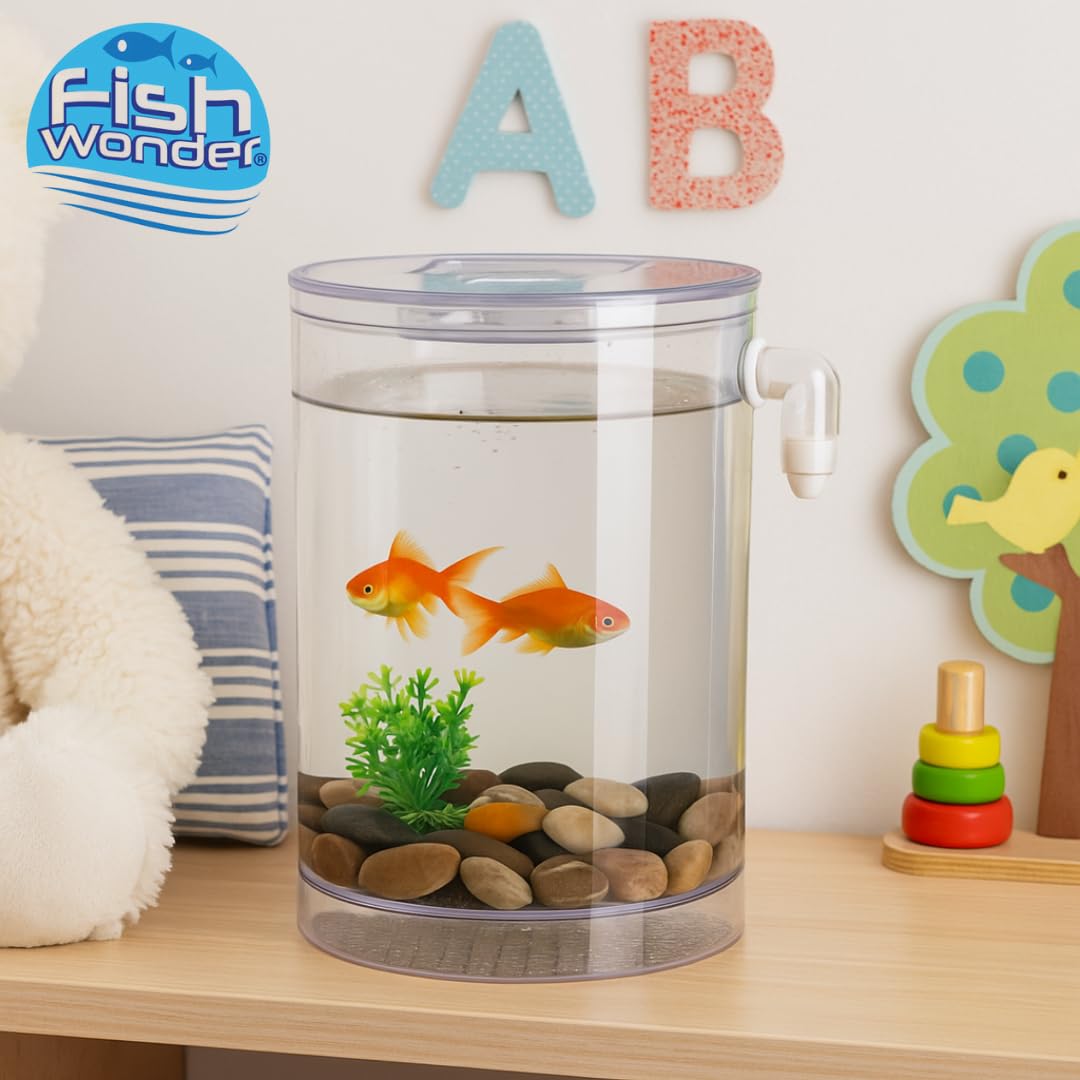 Fish Wonder Acuario Autolimpiador con Luz LED | Mini Acuario con Sistema de Limpieza Incorporado, Piedras y Plantas Decorativas | Agua Clara Siempre | Fácil Mantenimiento – Ideal para Niños y Hogar