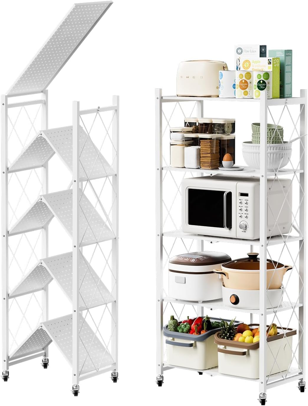 ZENZERO®Scaffale da cucina con rotelle - SCAFFALE PIEGHEVOLE in Metallo con Ruote - Scaffale Cucina Salvaspazio - 158 × 71 × 33 cm- Capacità 240kg(Bianco/Nero, 5 Scaffali)