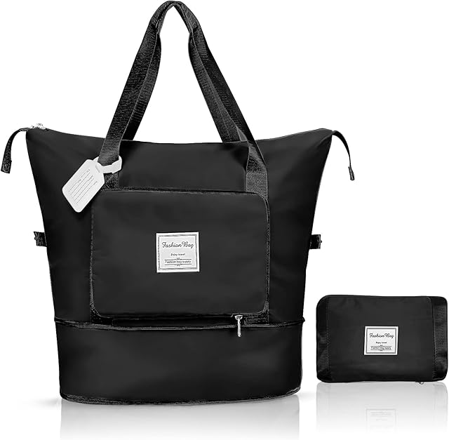 Flintronic Travel Duffel Bag, Foldable Gym Bag Overnight Weekend Bags for Women, Lightweight Hospital Bag with Wet and Dry Separation Bag, Large Holdall Bag Cabin Bag for Sports and Travel - Black