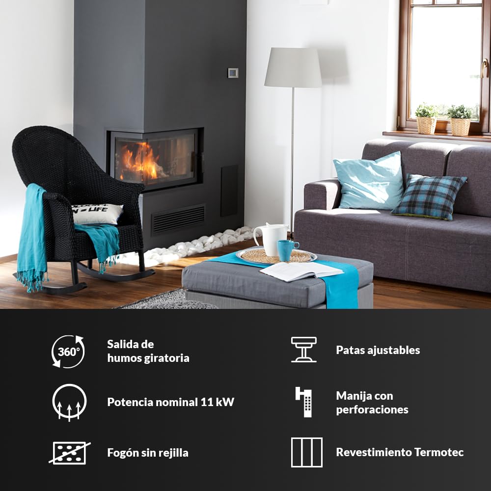 KRATKI Zibi 12 Chimenea de leña con Entrada de Aire Compatible con BImSchV 2 11 kWEficiencia Térmica 80% Acero con Acristalamiento Lateral Interior Thermotec Derecha