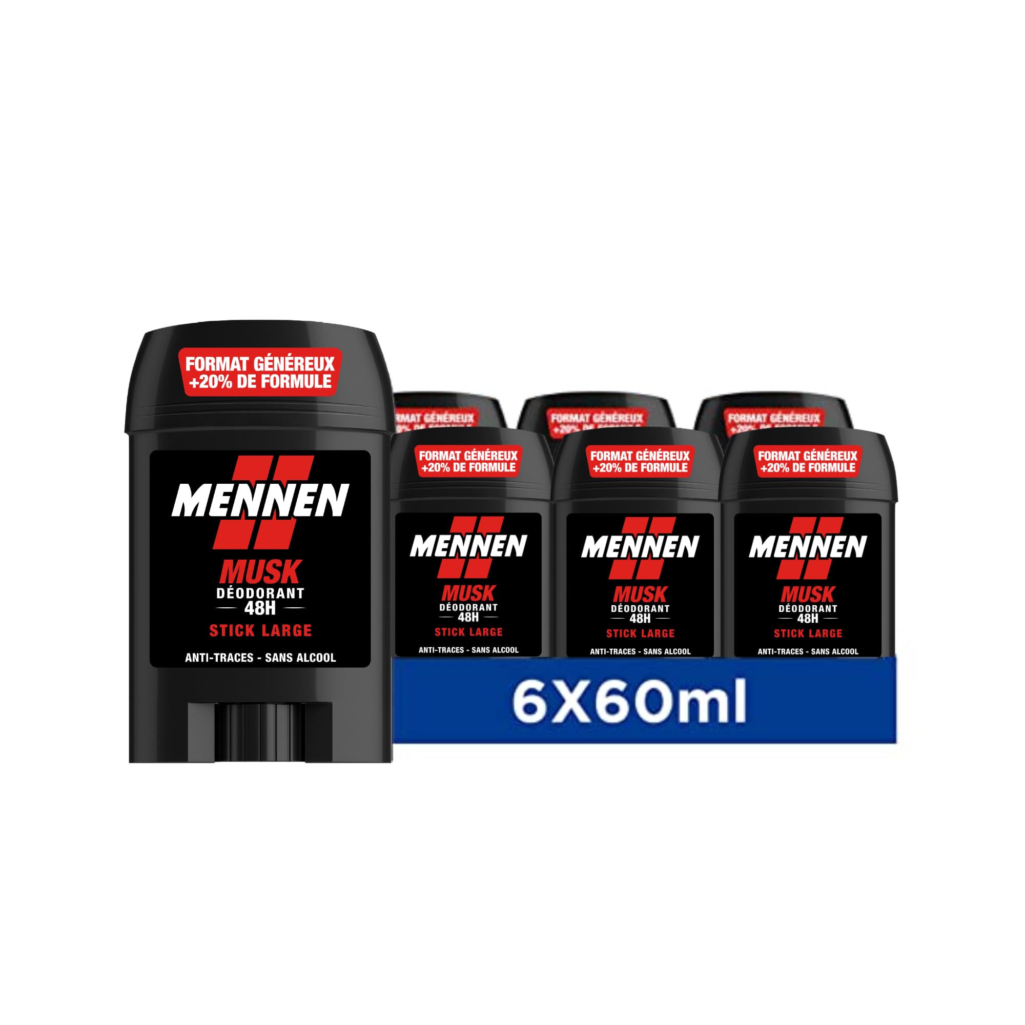 Mennen MUSK Deodorant homme 24H stick large sans alcool anti traces - Lot de 6 | Parfum Musk iconique, Protection optimale contre odeurs, Respecte peau et vêtements, Formule sans alcool éthylique