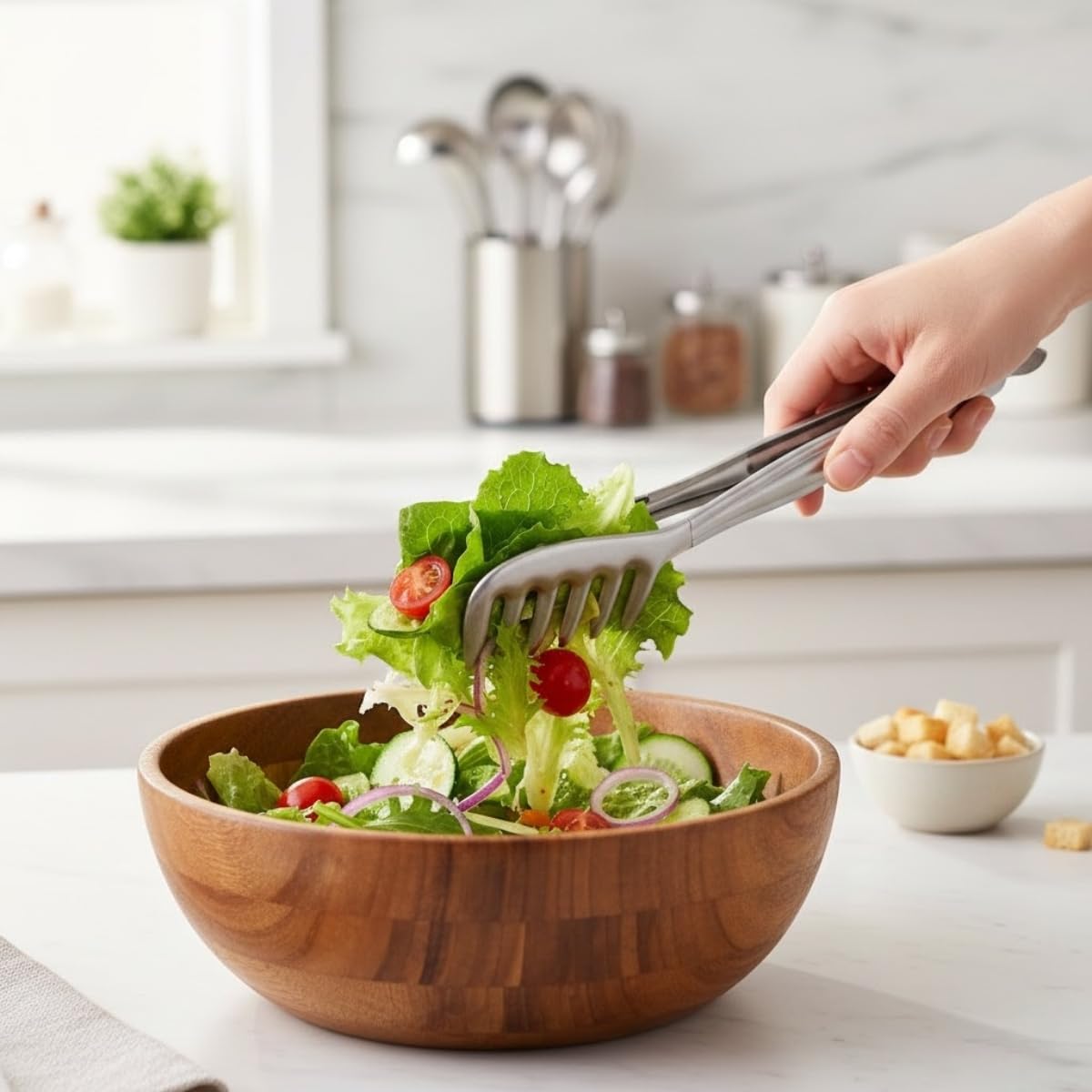 Paslanmaz Çelik Makarna ve Salata Servis Maşası – Isıya Dayanıklı, Kaymaz Saplı, Çok Amaçlı Mutfak Servis Pensi – 21 cm