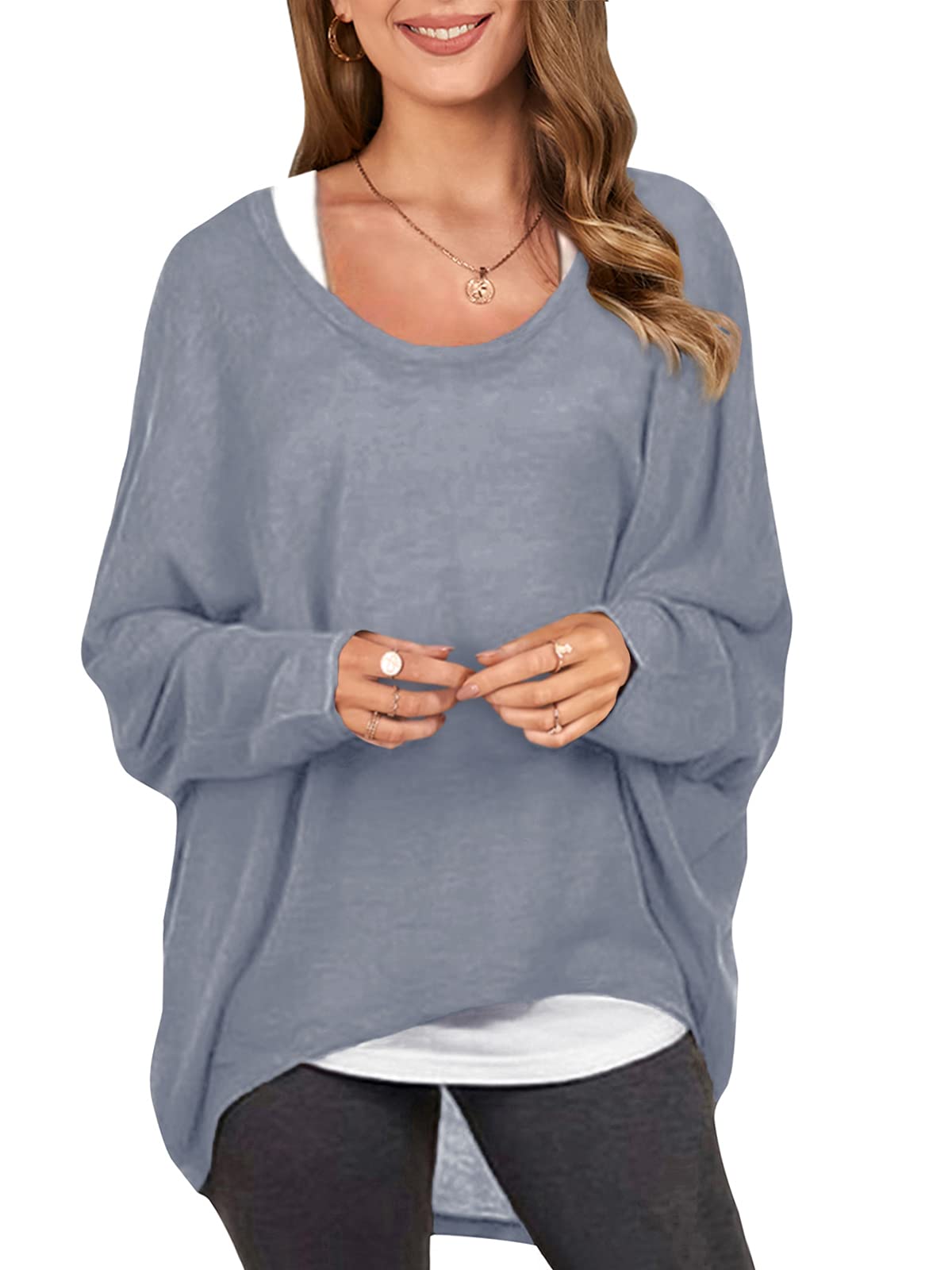 ZANZEA Sexy Women Loose Solid Irregular Long Sleeve Baggy Jumper Casual Tops Blouse T-Shirt Gray L