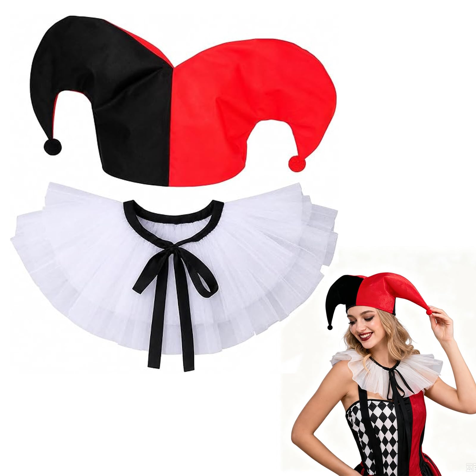STIFFENERS 2 Pcs Jester Costume Accessories, Jester Hat and Mesh Clown Collar, Halloween Red Black Joker Costume Accessory, for Carnival Halloween Holiday Dress Up