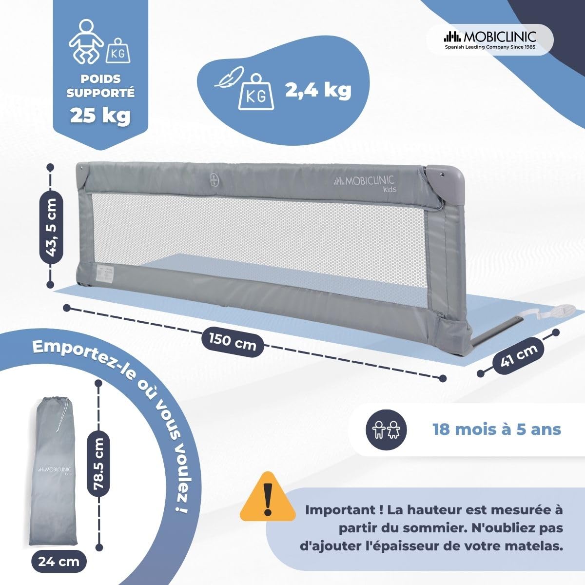 Mobiclinic® Kids, Barriere de securite Enfant lit, Dreamy, Barrière Voyage, Pliable et Portable, Facile à Transporter, Installer, 18 Mois 5 Ans, 150 cm