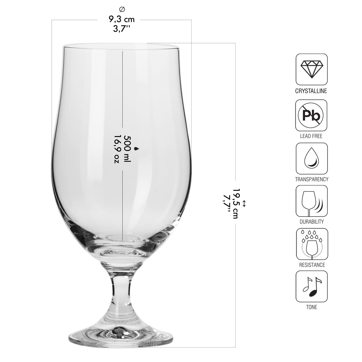 Krosno Lager Beer Glasses, Set of 6, 16.9 oz, Belgian Style Glasses, IPA, Craft Beer Glasses, Harmony Collection, Dishwasher Safe, Made in Europe