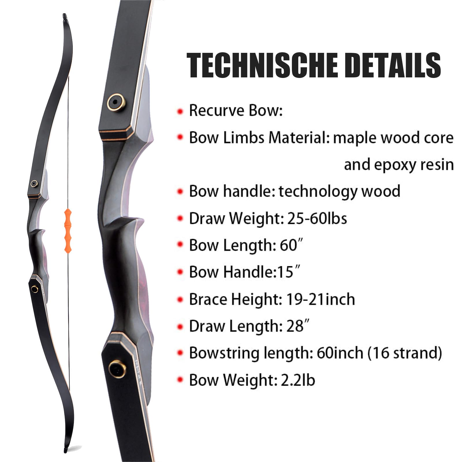 60" Set Arco E Frecce Adulto 25-60lbs Legno Colorato Ricurvo Archi Set per Il Tiro All'aperto E La Caccia Al Bersaglio (Rosso Vino, 60lb)