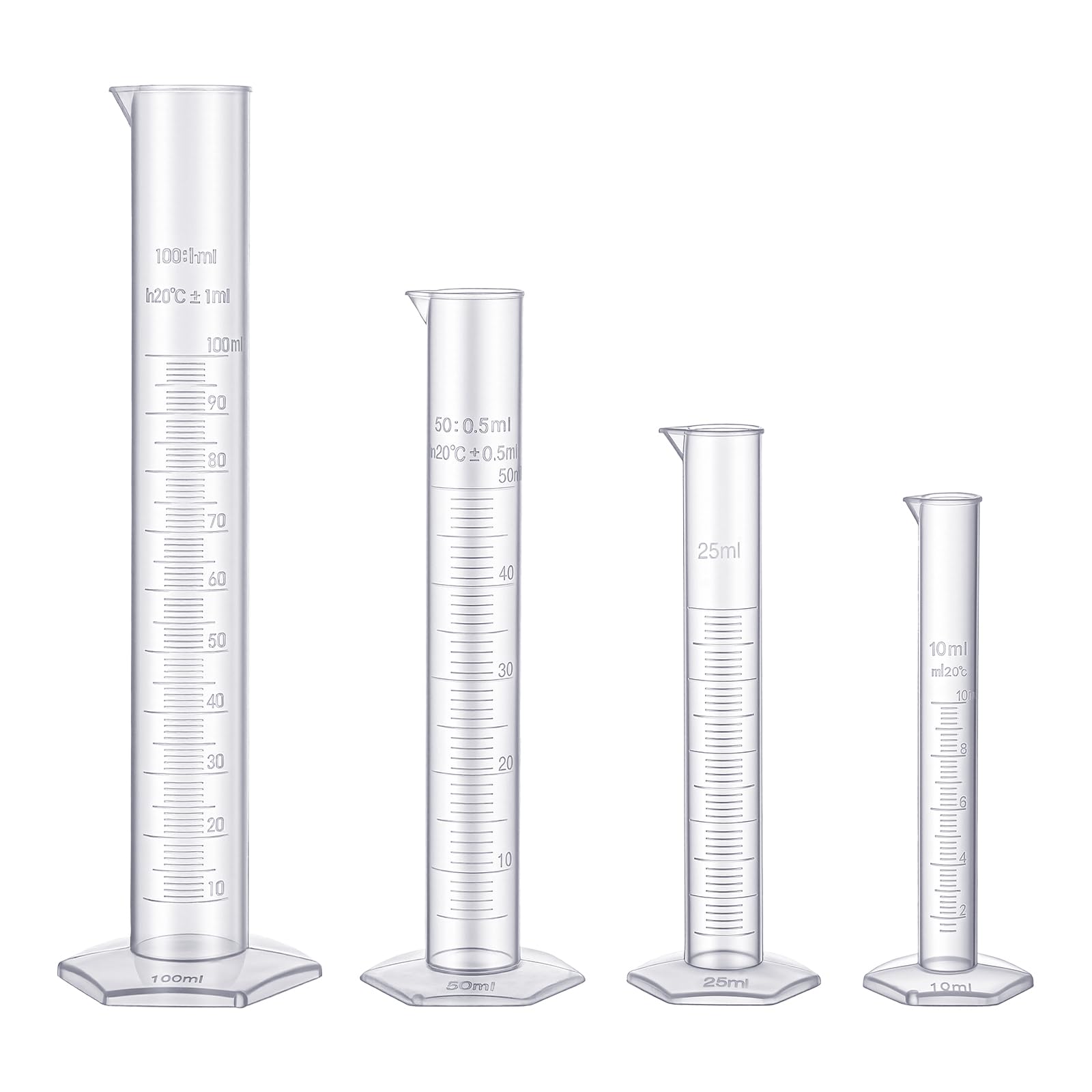 Photo 1 of Plastic Graduated Measuring Cylinder Set with Hexagonal Base, 4 Sizes 100ml 50ml 25ml 10ml Plastic Lab Cylinders Transparent Laboratory Test Tubes for Science Experiments